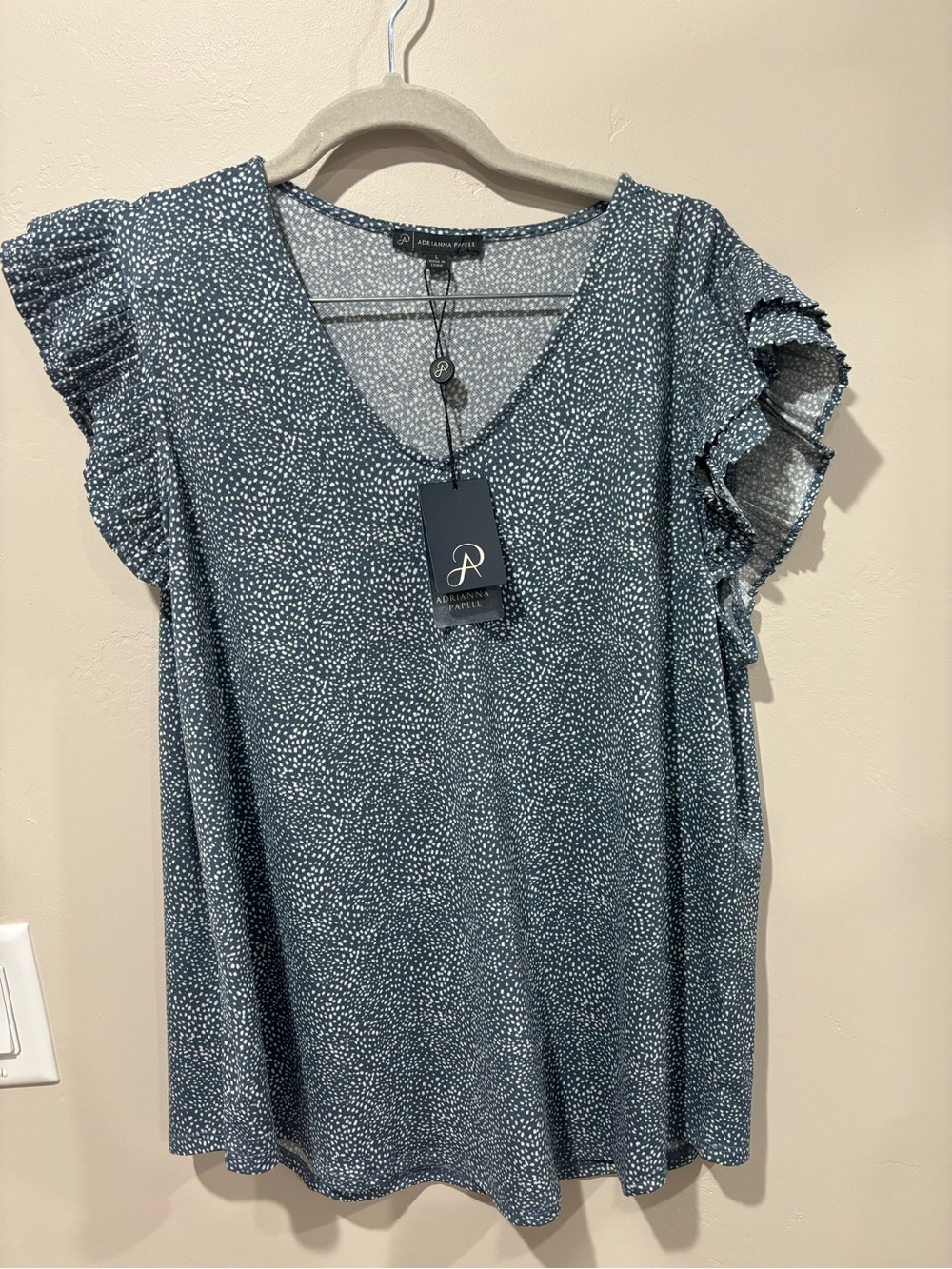Adrianna Papell Navy Blue Dot V-Neck Blouse